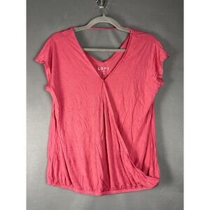 LOFT Surplice Wrap Top Womens Size M Coral Pink Bar Back Short Sleeve Blouse